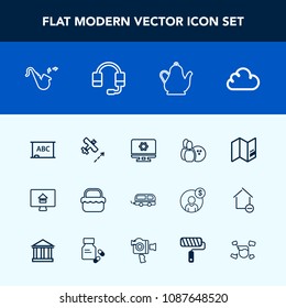 Modern, simple vector icon set with musical, estate, park, transportation, transport, plane, kettle, travel, microphone, property, hot, summer, blackboard, picnic, vehicle, ball, sport, flight icons