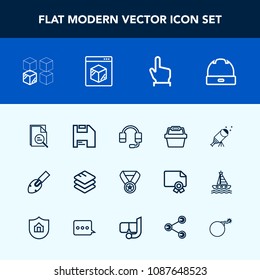 Modern, simple vector icon set with equipment, internet, head, support, construction, white, house, night, technology, headset, star, data, success, button, diskette, astronomy, telescope, call icons