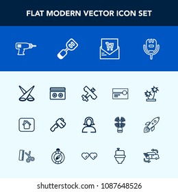Modern, simple vector icon set with work, equipment, tropical, supermarket, nature, karaoke, house, sound, machine, stereo, palm, spotlight, face, backdrop, retail, microphone, bill, cassette icons