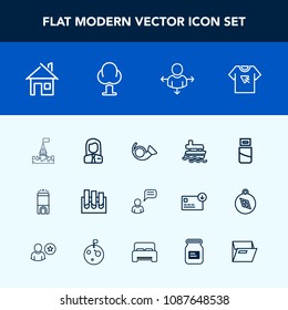 Modern, simple vector icon set with sea, ocean, bugle, analysis, hotel, person, estate, luxury, usb, travel, building, print, home, communication, employer, technology, direction, medieval, room icons