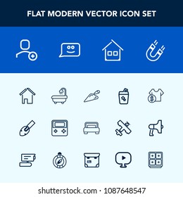 Modern, simple vector icon set with equipment, finance, juice, bank, building, science, chat, technology, smile, furniture, pole, safe, video, money, bed, shop, media, field, account, drink, web icons