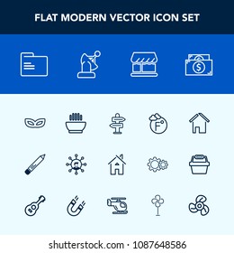 Modern, simple vector icon set with dish, home, hot, food, arrow, fahrenheit, carnival, thermometer, stationery, office, screen, pen, business, file, masquerade, party, space, currency, folder icons