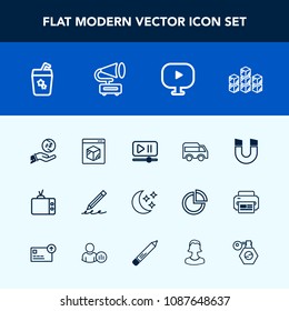 Modern, simple vector icon set with technology, screen, moon, pencil, cocktail, drink, tv, dollar, sky, finance, distribution, online, science, video, delivery, storage, highway, education, pen icons