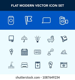 Modern, simple vector icon set with education, baggage, talk, concept, bathroom, time, study, business, video, equipment, library, card, aluminum, cream, airport, dessert, tin, day, interior icons