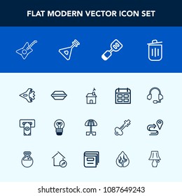 Modern, simple vector icon set with machine, hamburger, bulb, spatula, plane, jet, bun, bank, aircraft, jetliner, technology, parasol, house, support, umbrella, calendar, electricity, lettuce icons