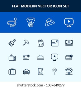 Modern, simple vector icon set with prize, mask, luggage, reward, space, video, paint, shovel, brush, television, screen, wallet, paintbrush, ship, equipment, ufo, white, object, snorkel, dollar icons