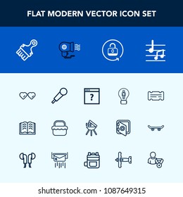 Modern, simple vector icon set with audio, open, web, ticket, karaoke, fashion, lock, book, barbecue, grass, creative, paint, sound, picnic, glasses, idea, unlock, concept, summer, security, bbq icons