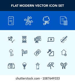 Modern, simple vector icon set with banking, violoncello, key, lens, bill, sand, aircraft, travel, flight, sound, camera, airplane, game, musical, vintage, finance, music, timer, internet, plane icons