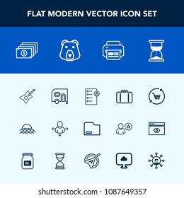Modern, simple vector icon set with transport, direction, hour, job, paper, road, sign, human, car, nature, business, guitar, document, baggage, sunrise, cart, landscape, white, money, luggage icons