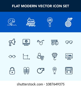 Modern, simple vector icon set with loudspeaker, sign, tipper, geometry, danger, white, food, sea, eyesight, eyeglasses, bugle, loud, technology, eye, business, online, setting, explosion, power icons