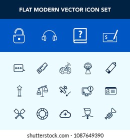 Modern, simple vector icon set with travel, hammer, sign, vehicle, musical, aircraft, success, audio, plane, satellite, graphic, pen, security, weight, air, sky, stereo, sound, hot, protection icons