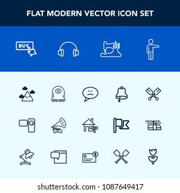 Modern, simple vector icon set with property, video, speech, mountain, vintage, buy, movie, white, showing, bell, house, sky, web, oar, record, sign, alien, landscape, button, ring, canoe, retro icons