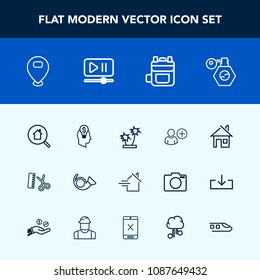 Modern, simple vector icon set with architecture, perfume, button, bugle, sign, location, hair, property, online, user, player, map, bag, interface, concept, leather, modern, home, beauty, idea icons