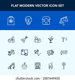 Modern, simple vector icon set with technology, sale, game, satellite, navigation, sport, building, glass, business, juice, instrument, fashion, measurement, music, buy, balance, fast, plane icons