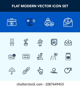 Modern, simple vector icon set with card, sign, investment, web, road, finance, electric, security, car, emergency, luggage, balance, envelope, chair, bag, growth, location, tree, safe, mail icons