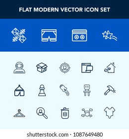 Modern, simple vector icon set with concept, tent, nature, travel, camp, property, marketing, communication, package, sound, unpacking, internet, cosmonaut, cardboard, spaceship, science, audio icons