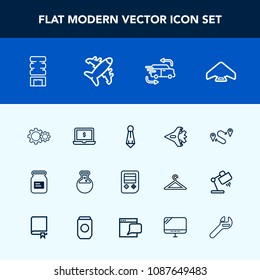 Modern, simple vector icon set with extreme, position, medicine, screen, car, fashion, suit, fast, cold, tie, technology, jet, jetliner, travel, parachute, jump, plane, transportation, tool, can icons