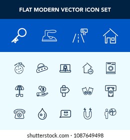 Modern, simple vector icon set with dollar, ufo, appliance, washer, estate, key, street, ship, price, iron, real, direction, arrow, road, sign, property, sun, video, business, investment, call icons