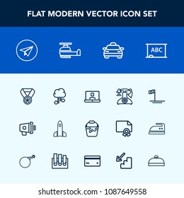 Modern, simple vector icon set with loud, chalkboard, vehicle, prize, taxi, rocket, transport, email, helicopter, communication, clean, phone, message, announcement, background, ocean, shuttle icons