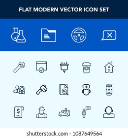 Modern, simple vector icon set with support, folder, staff, electric, coffee, estate, communication, office, blank, person, wrench, home, architecture, medicine, paper, business, repair, sign icons