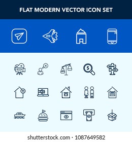 Modern, simple vector icon set with door, web, house, balance, estate, owner, hanger, measurement, architecture, building, room, doorknob, concept, tripod, video, mobile, phone, jet, camera, atm icons