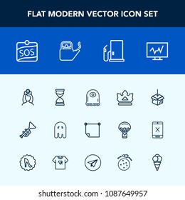 Modern, simple vector icon set with trumpet, gas, stick, monster, petrol, note, healthcare, cartoon, office, king, package, musical, diagnostic, web, time, medicine, crown, fuel, technology, sos icons
