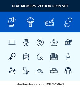 Modern, simple vector icon set with finance, profile, light, house, transportation, leather, business, increase, web, parachute, bird, location, sign, property, door, time, internet, clock, hour icons