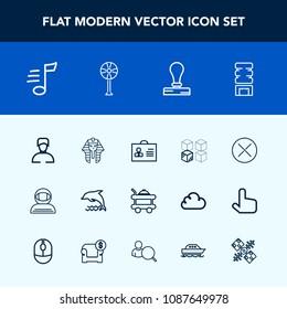 Modern, simple vector icon set with drink, stamp, female, dolphin, cosmonaut, astronaut, cardboard, man, cold, egypt, profile, science, room, close, hotel, relocation, nature, pharaoh, food, bed icons