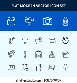 Modern, simple vector icon set with lamp, success, watch, technology, girl, cube, cute, bodysuit, fashion, metal, people, time, satellite, stereo, furniture, bed, double, handle, lens, music icons
