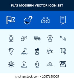 Modern, simple vector icon set with winner, meeting, highway, building, nation, carnival, fishing, summer, people, holiday, presentation, buoy, badge, bus, delete, juice, place, flag, party, sea icons