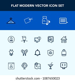 Modern, simple vector icon set with house, safety, warning, building, clothing, bikini, technology, desktop, health, open, unlock, alarm, music, swimsuit, bell, winner, success, pharmacy, sign icons