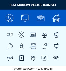 Modern, simple vector icon set with boy, close, strategy, screwdriver, sign, tool, axe, boat, chess, calculator, home, leather, game, ship, architecture, technology, juice, hammer, laptop, male icons