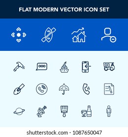 Modern, simple vector icon set with paddle, dumper, increase, open, house, home, , water, speech, man, umbrella, boat, chat, sign, dump, shovel, male, vehicle, circle, construction, account, boy icons