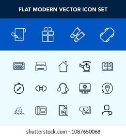 Modern, simple vector icon set with spy, bedroom, book, skate, house, helicopter, estate, gym, workout, extreme, technology, pen, support, calculator, exercise, sport, aircraft, skateboard, call icons