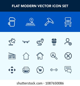 Modern, simple vector icon set with home, technology, record, skate, travel, sound, seamark, skateboard, road, skater, comfortable, building, beacon, arrow, account, button, user, table, chat icons