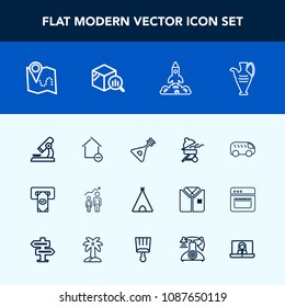 Modern, simple vector icon set with cooking, house, musical, string, map, research, camp, space, highway, meat, property, tent, folk, grill, instrument, machine, biology, growth, bus, road, atm icons