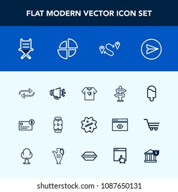 Modern, simple vector icon set with seat, voice, label, way, money, business, chair, bank, destination, speaker, sign, sweet, replacement, ice, sale, travel, sound, direction, credit, armchair icons