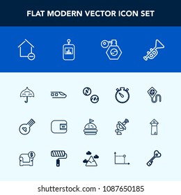 Modern, simple vector icon set with time, folk, travel, lunch, perfume, finance, jazz, instrument, beauty, music, timer, railway, umbrella, house, bottle, sandwich, apartment, food, musical, joy icons
