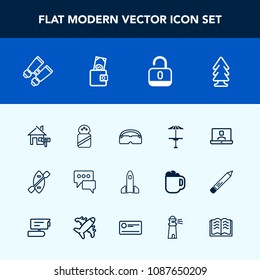 Modern, simple vector icon set with call, video, glasses, cafe, security, landscape, message, technology, vision, bubble, canoe, chat, lock, food, home, table, water, spy, estate, rocket, light icons