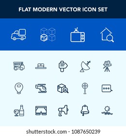 Modern, simple vector icon set with helicopter, transportation, head, camera, business, antenna, sign, air, retro, way, home, package, white, finance, direction, fashion, transport, trend, truck icons