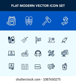 Modern, simple vector icon set with nation, danger, technology, fire, vehicle, delivery, rucksack, communication, sound, backpack, america, cargo, flag, package, bag, satellite, leather, musical icons