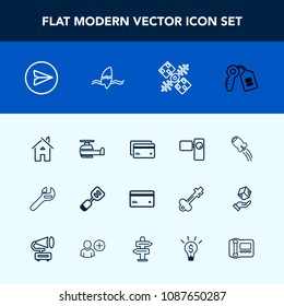 Modern, simple vector icon set with technology, equipment, spaceship, spanner, internet, movie, door, ocean, wrench, debit, space, plastic, estate, sign, banking, message, spatula, craft, camera icons