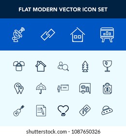 Modern, simple vector icon set with glass, destruction, location, road, space, chart, shirt, business, cell, computer, crash, shattered, umbrella, telephone, home, open, landscape, tree, account icons