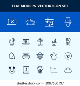 Modern, simple vector icon set with sun, transport, note, house, traffic, sound, umbrella, electricity, happy, music, kitchen, search, building, internet, restaurant, dinner, leather, light, van icons