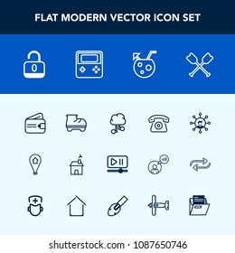 Modern, simple vector icon set with open, communication, oar, technology, home, juice, drink, purse, beautiful, unlock, network, location, estate, interface, leisure, map, boat, cocktail, arrow icons