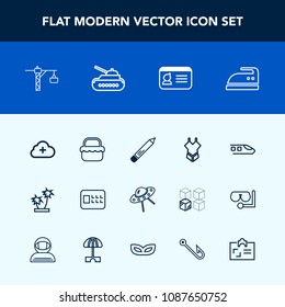Modern, simple vector icon set with space, security, tree, cloud, domestic, tropical, food, identification, summer, hammer, clothes, id, ironing, construction, iron, internet, add, saw, office icons