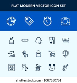 Modern, simple vector icon set with nature, dolphin, glasses, business, white, equipment, box, clean, health, pencil, pie, summer, luggage, trip, suitcase, headset, ocean, microphone, joy, chart icons