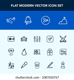 Modern, simple vector icon set with winner, destination, fruit, backdrop, equality, vehicle, travel, cash, nature, blue, pear, money, map, finance, food, organic, award, wallet, fresh, bell, sky icons