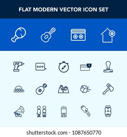 Modern, simple vector icon set with north, work, audio, guitar, envelope, drill, travel, east, food, white, sign, landscape, road, machine, snack, tape, sunrise, morning, money, stamp, home, pin icons