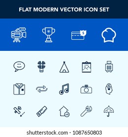 Modern, simple vector icon set with uniform, chief, blank, microphone, substitute, chat, music, baggage, adventure, message, lighthouse, white, business, replace, bubble, cook, outdoor, change icons